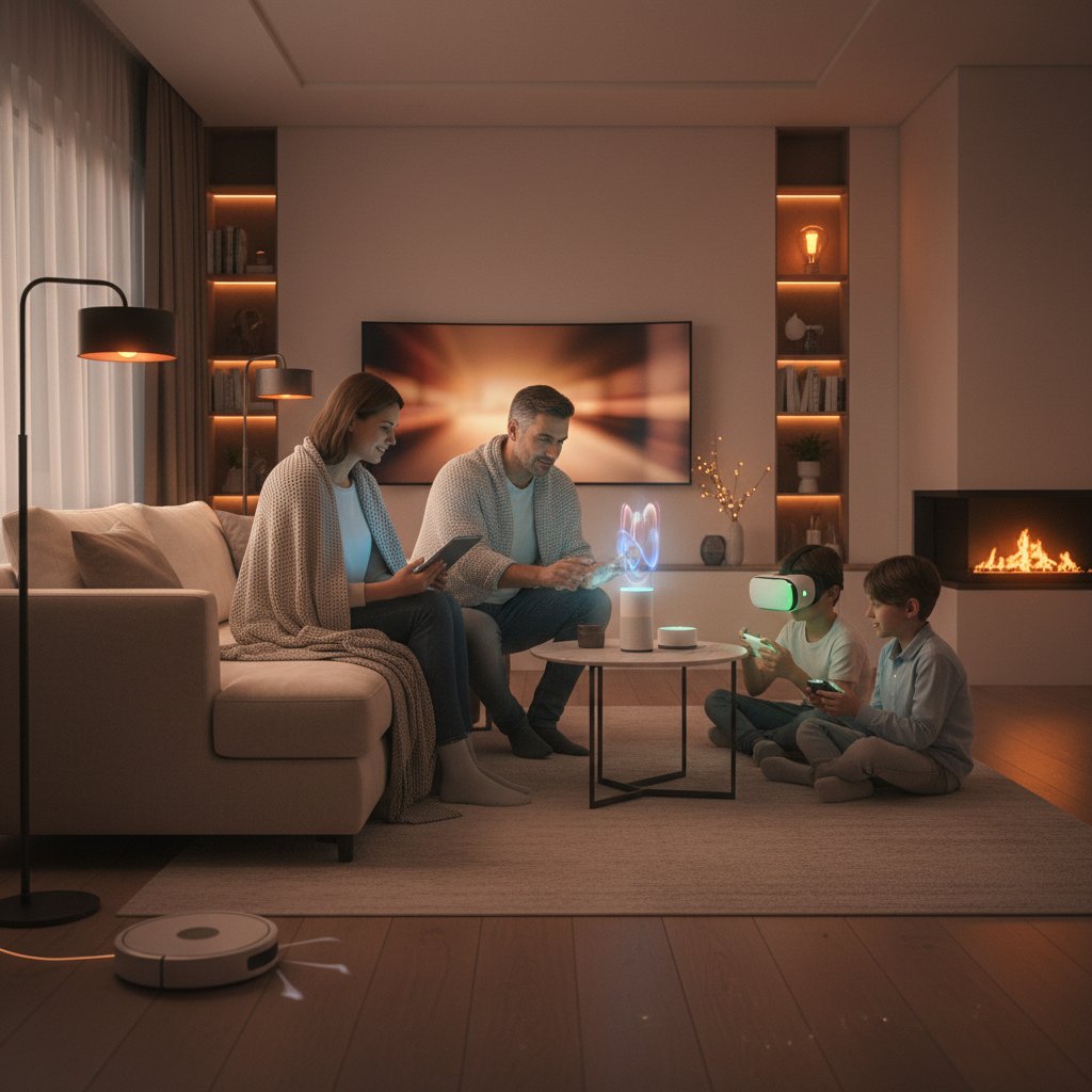 Rodzina korzystająca z inteligentnych urządzeń w codziennym życiu, technologia a przyszłość społeczeństwa