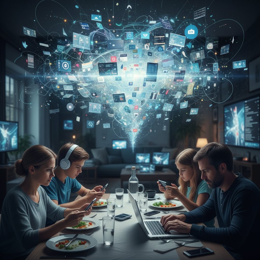 Rodzina przy stole, każdy z własnym urządzeniem – dystans wywołany przez szum informacyjny