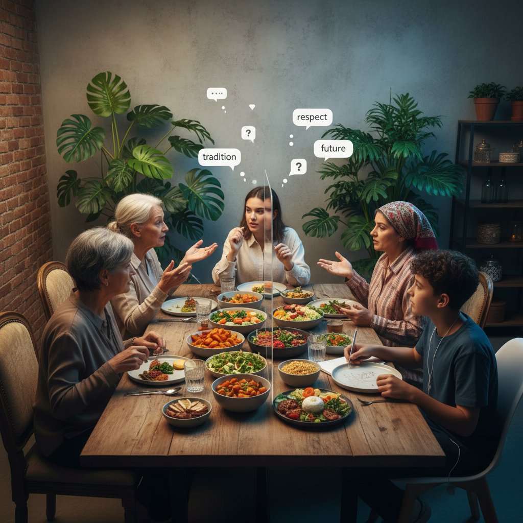 Rodzina przy stole, starsi i młodsi, rozmowy o kuchni roślinnej, zderzenie pokoleń