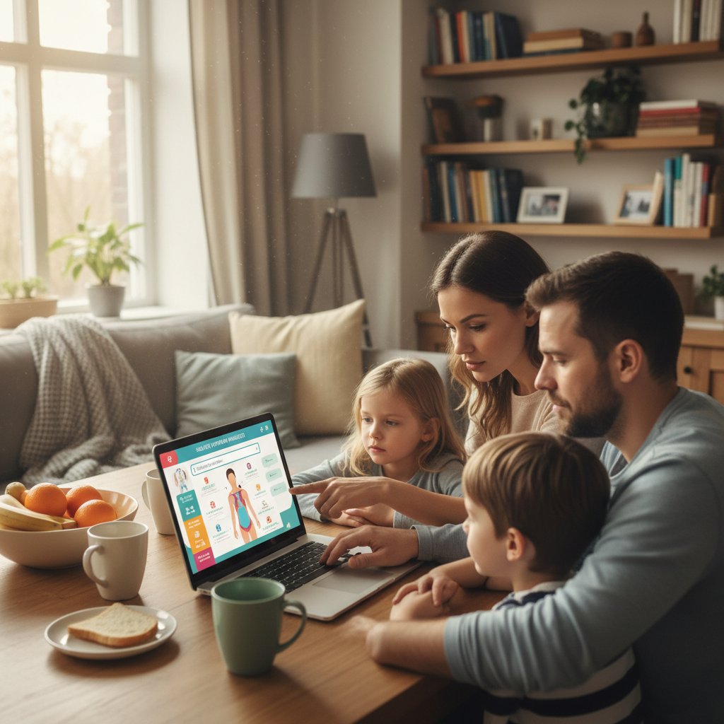 Rodzina przy stole z laptopem, analizująca objawy zdrowotne, domowa atmosfera