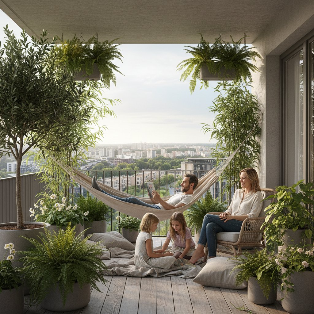 Rodzina odpoczywająca na zielonym balkonie w centrum miasta