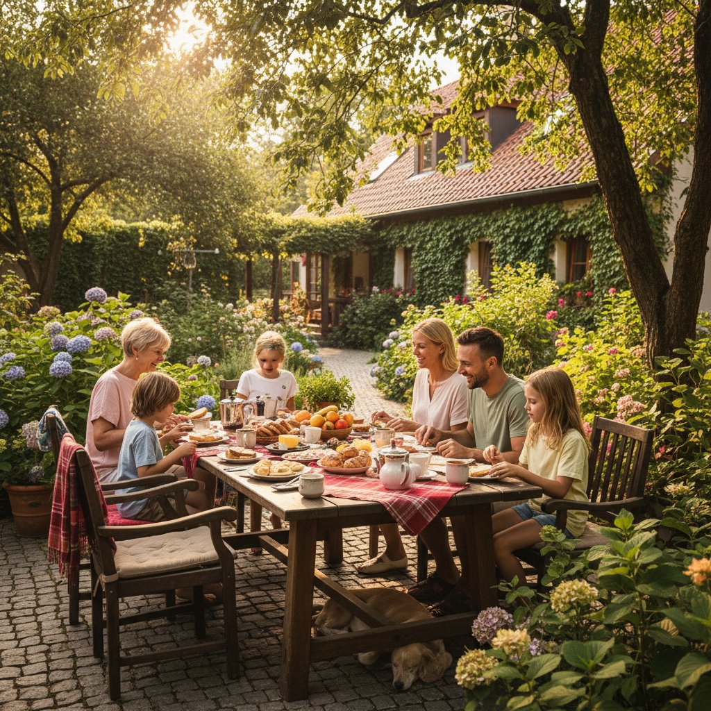 Rodzina jedząca śniadanie w ogrodzie pensjonatu we Wrocławiu, domowy klimat