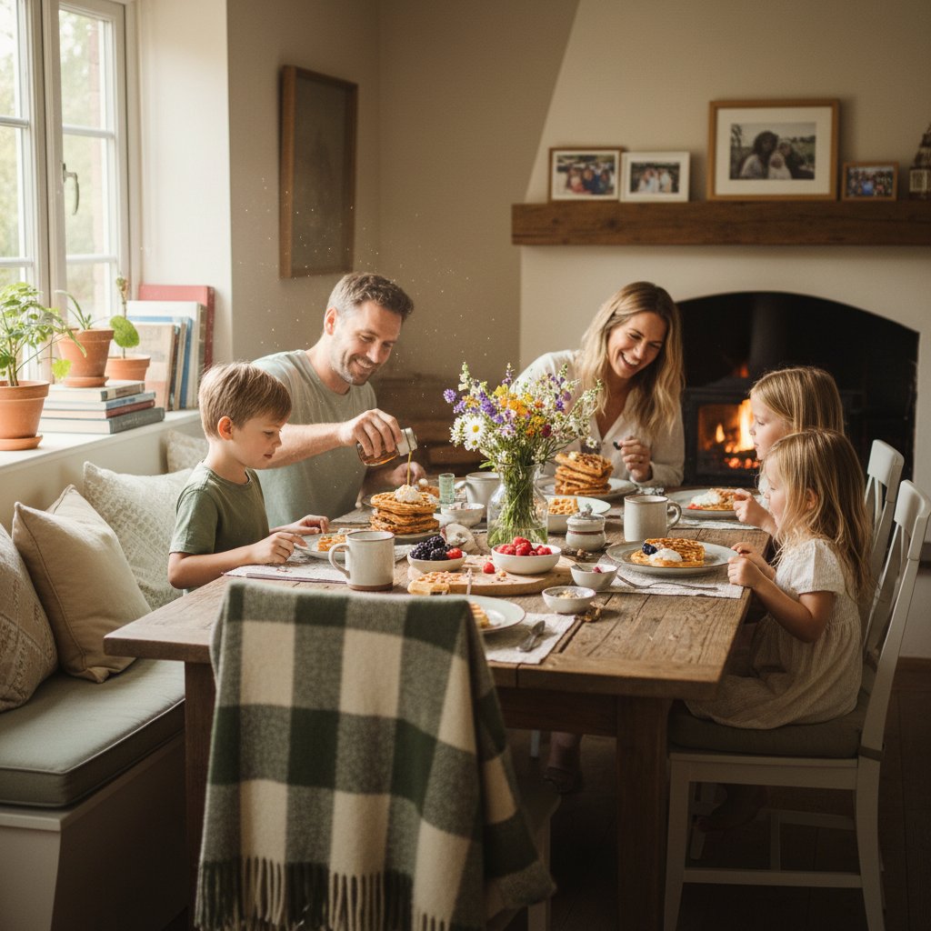 Rodzina przy stole podczas wspólnego śniadania z goframi