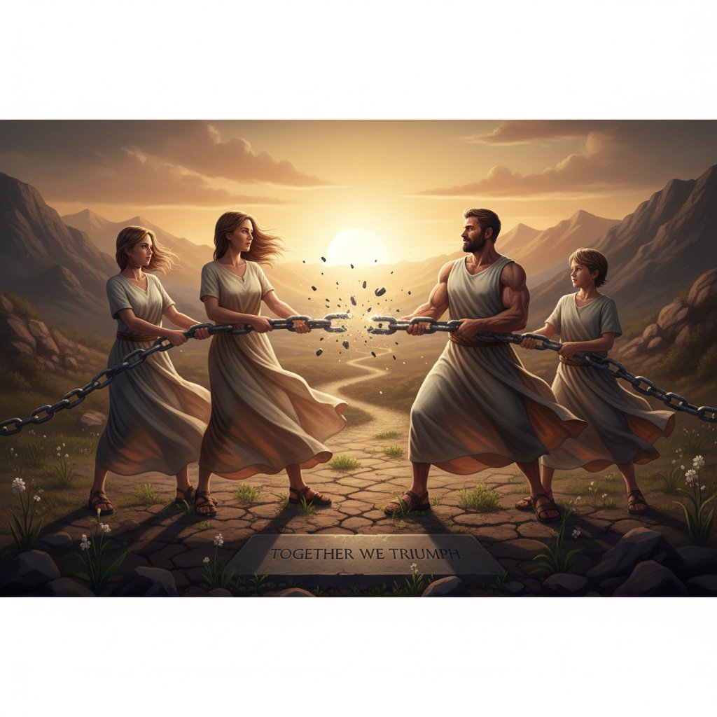 Symboliczne zdjęcie rodziny łamiącej razem łańcuch, przełamywanie schematów i mitów patchworku