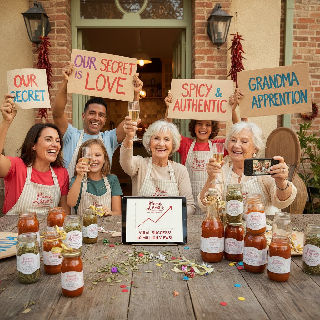 Mała rodzinna firma świętująca sukces viralowej kampanii, komunikacja marki online przykłady, autentyczność