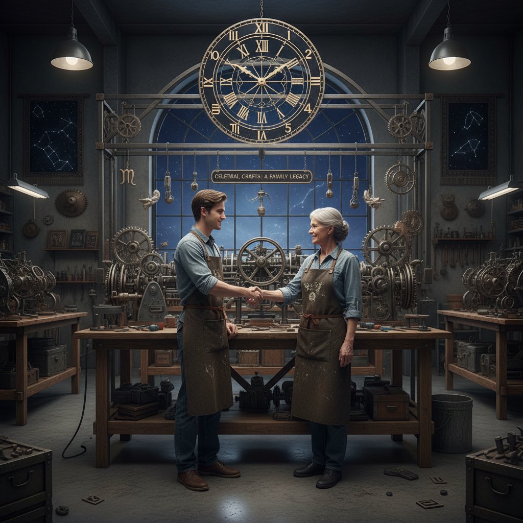 Starsza i młodsza osoba w warsztacie produkcyjnym, uścisk dłoni, symboliczne przedstawienie przekazania firmy, w tle elementy astrologiczne