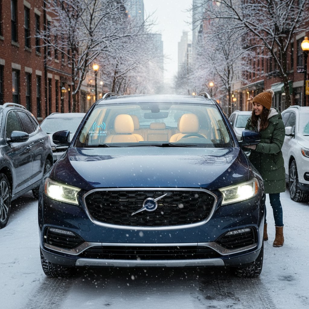 Family bundled up outside a car in heavy snow, with car windows defrosted, remote starter in hand, urban scene