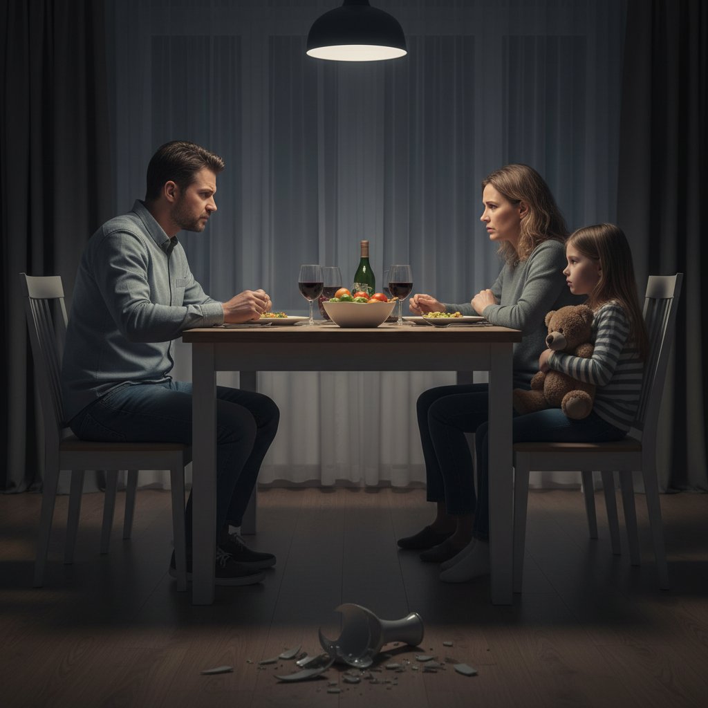 Zdjęcie dzieci i rodziców przy stole, gdzie panuje napięta, nieprzyjazna atmosfera