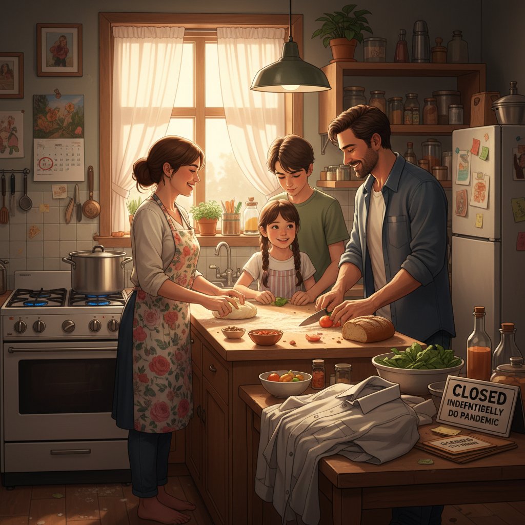 Zamknięta restauracja, rodzina gotująca razem w domowej kuchni podczas pandemii