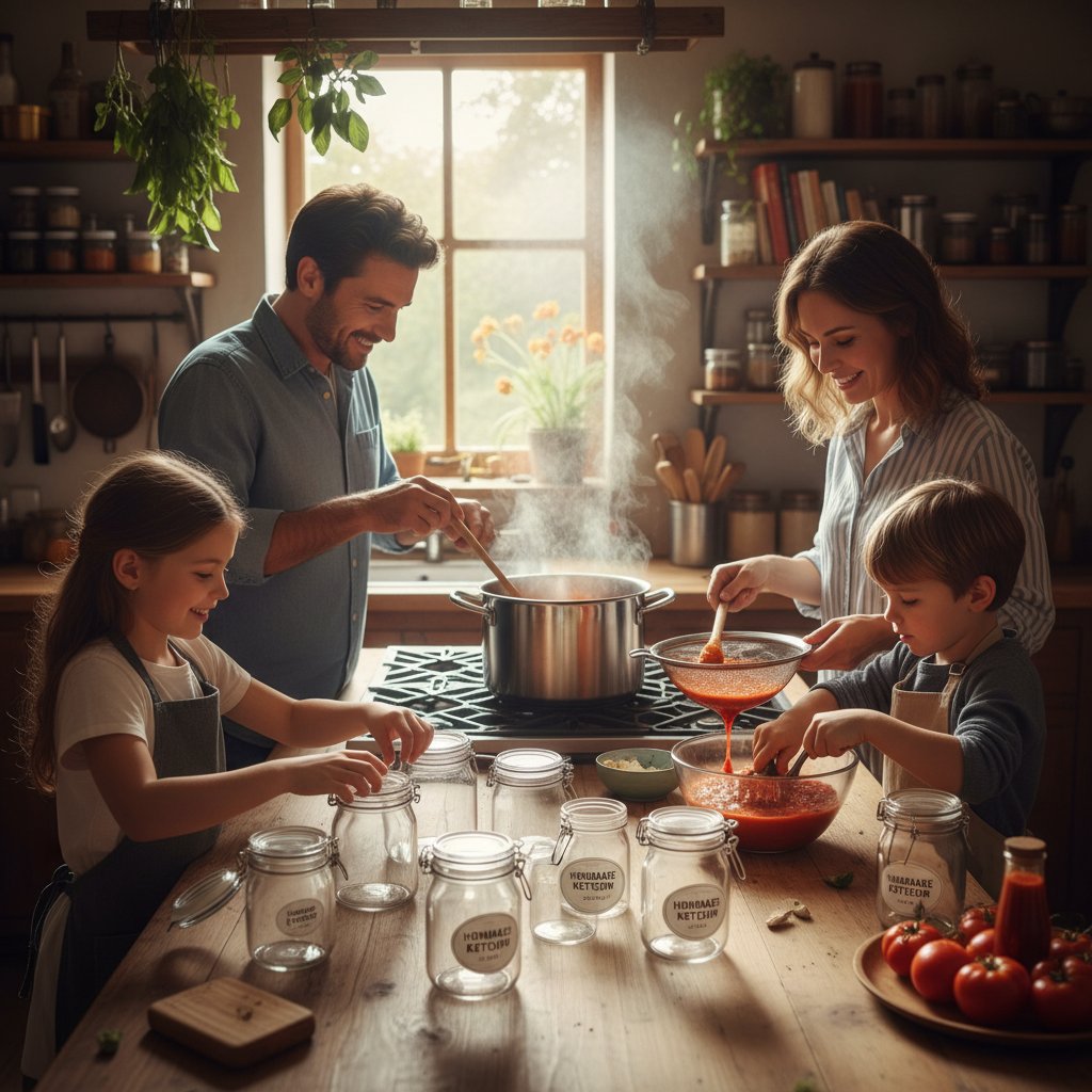 Rodzina robiąca domowy ketchup w kuchni – uśmiechnięci ludzie i słoiki