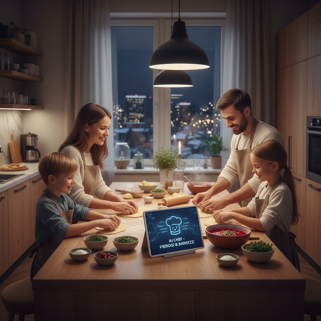 Rodzina gotuje przy tablecie z AI asystentem, pierogi i barszcz na stole, atmosfera ciepła i nowoczesna