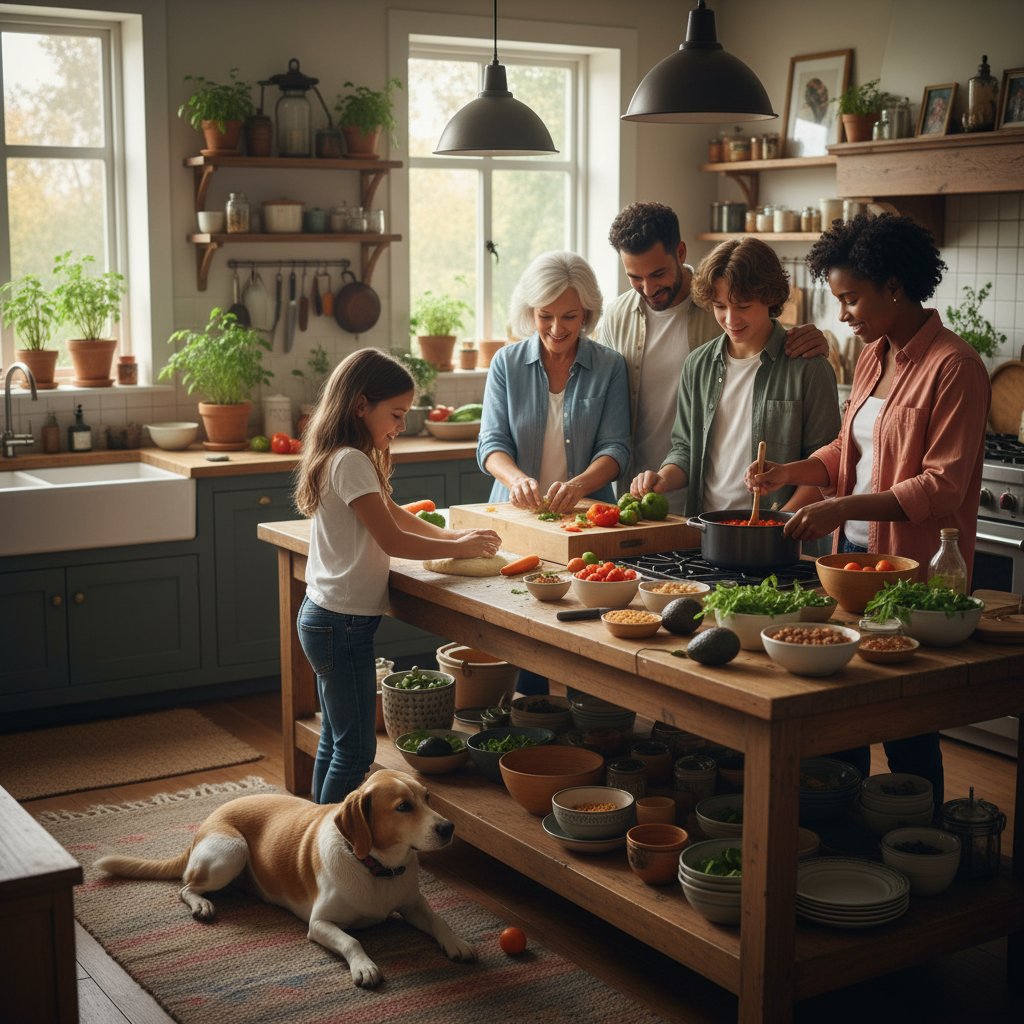 Rodzina gotująca razem wegański obiad, kuchnia domowa, radość, integracja pokoleń