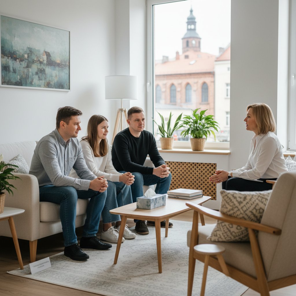 Czarno-białe zdjęcie rodzinnej konsultacji w gabinecie terapeutycznym, Polska