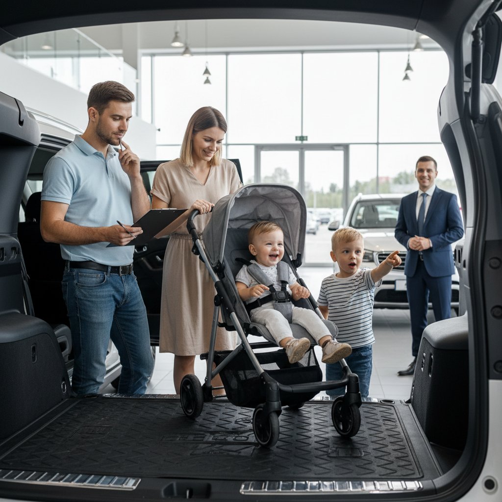 Parent checking trunk space with stroller and gear, clipboard in hand, kids watching, dealership lot
