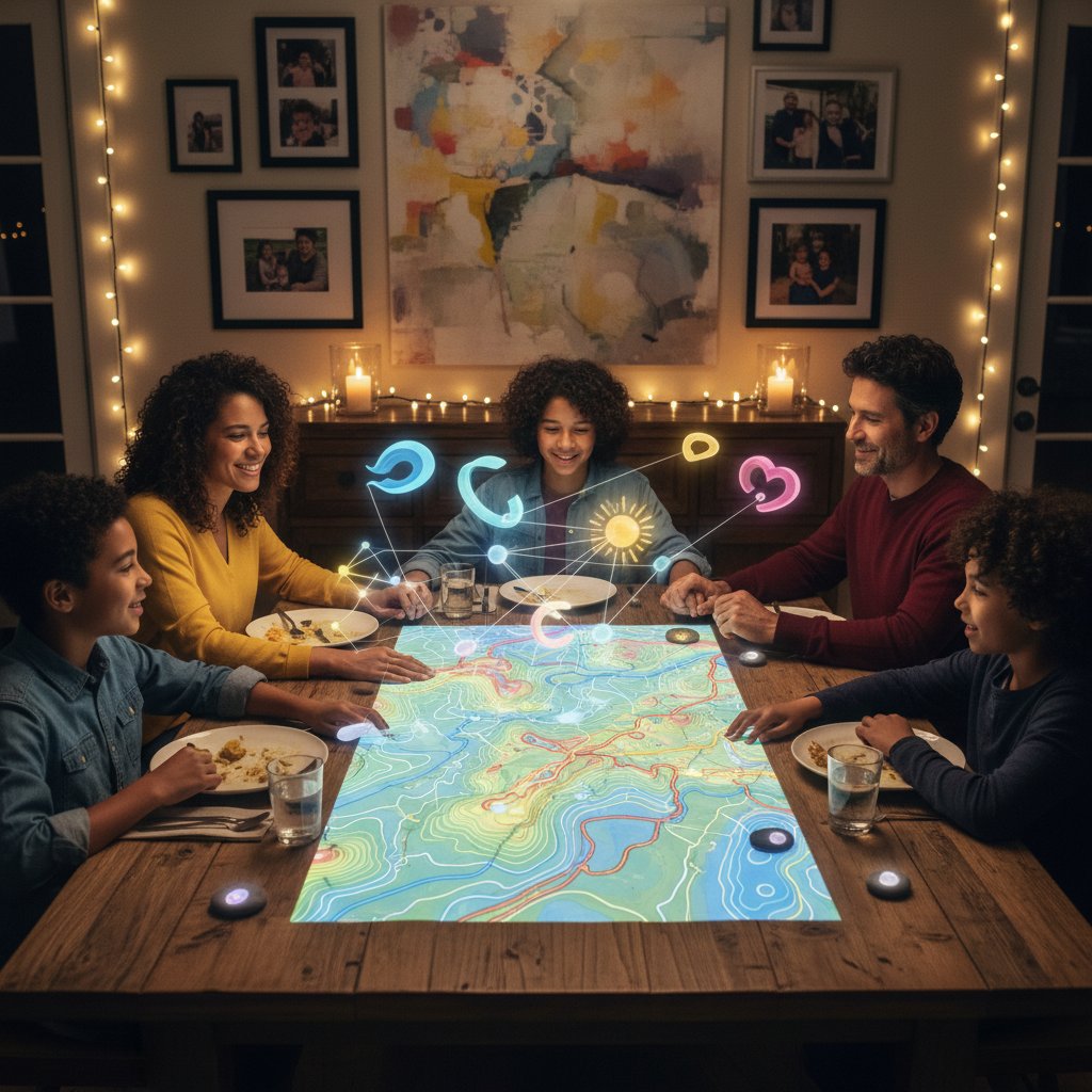 Zdjęcie rodziny przy stole, symbolizujące wpływ mapy miłości na relacje rodzinne