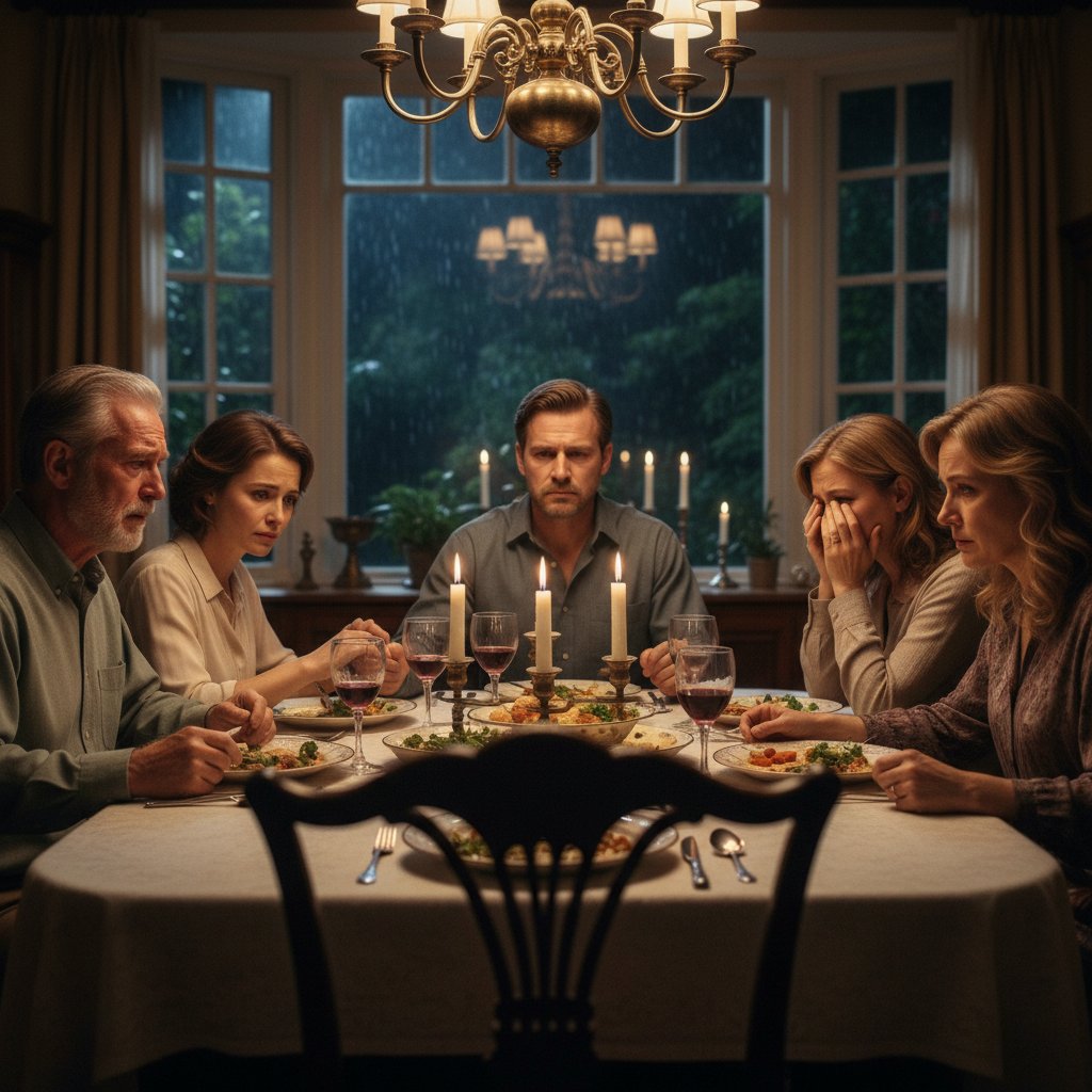 Rodzinna kolacja przy stole, widoczne napięcie i różnorodne emocje na twarzach, scena z filmu