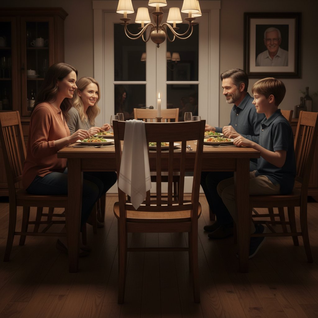 Puste krzesło przy stole – metafora nieobecności w rodzinie współuzależnionej, kolacja rodzinna, symbolika, współuzależnienie, rodzina