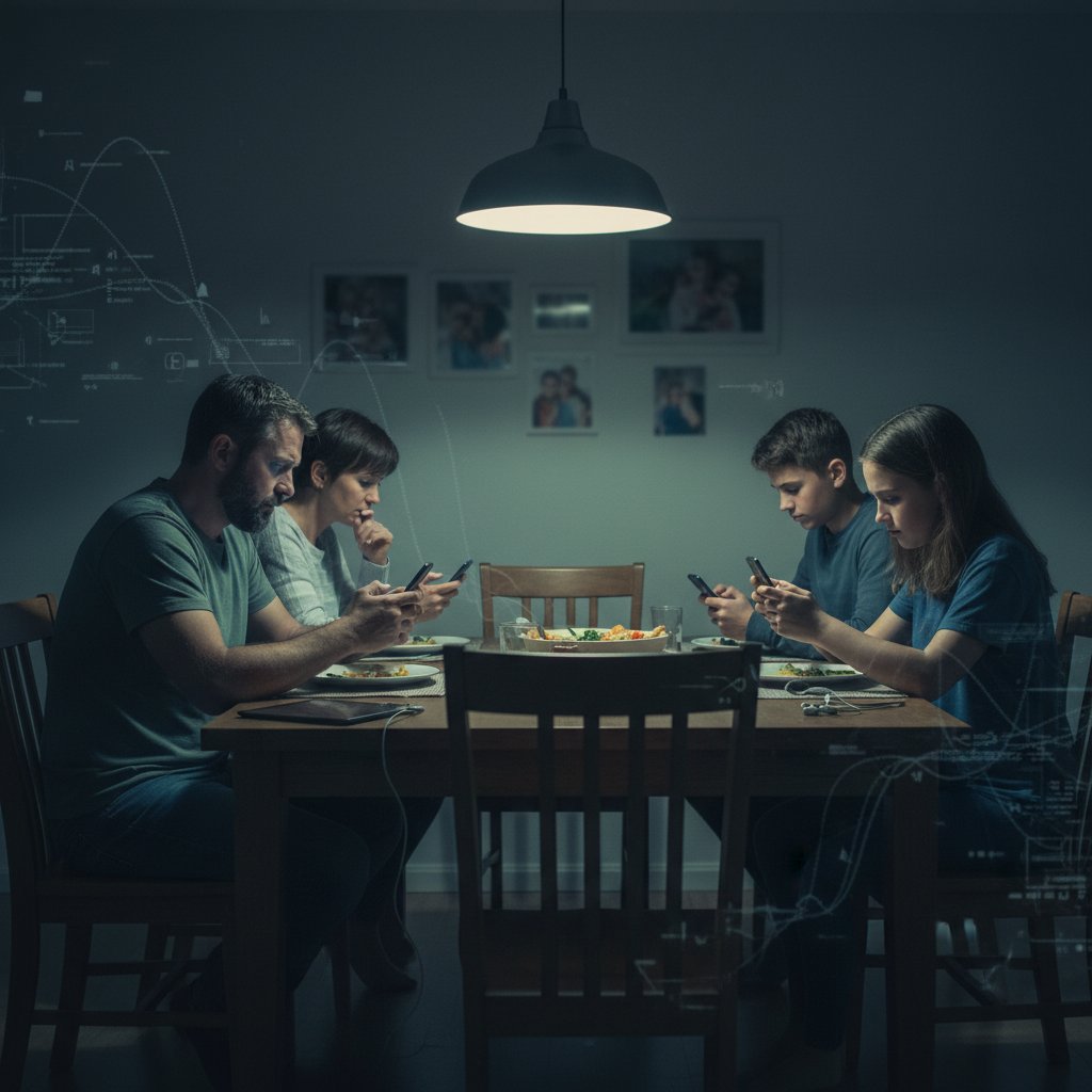 Rodzina przy stole, każdy patrzy w telefon zamiast na siebie – ilustracja rozprzestrzeniania FOMO poza świat cyfrowy