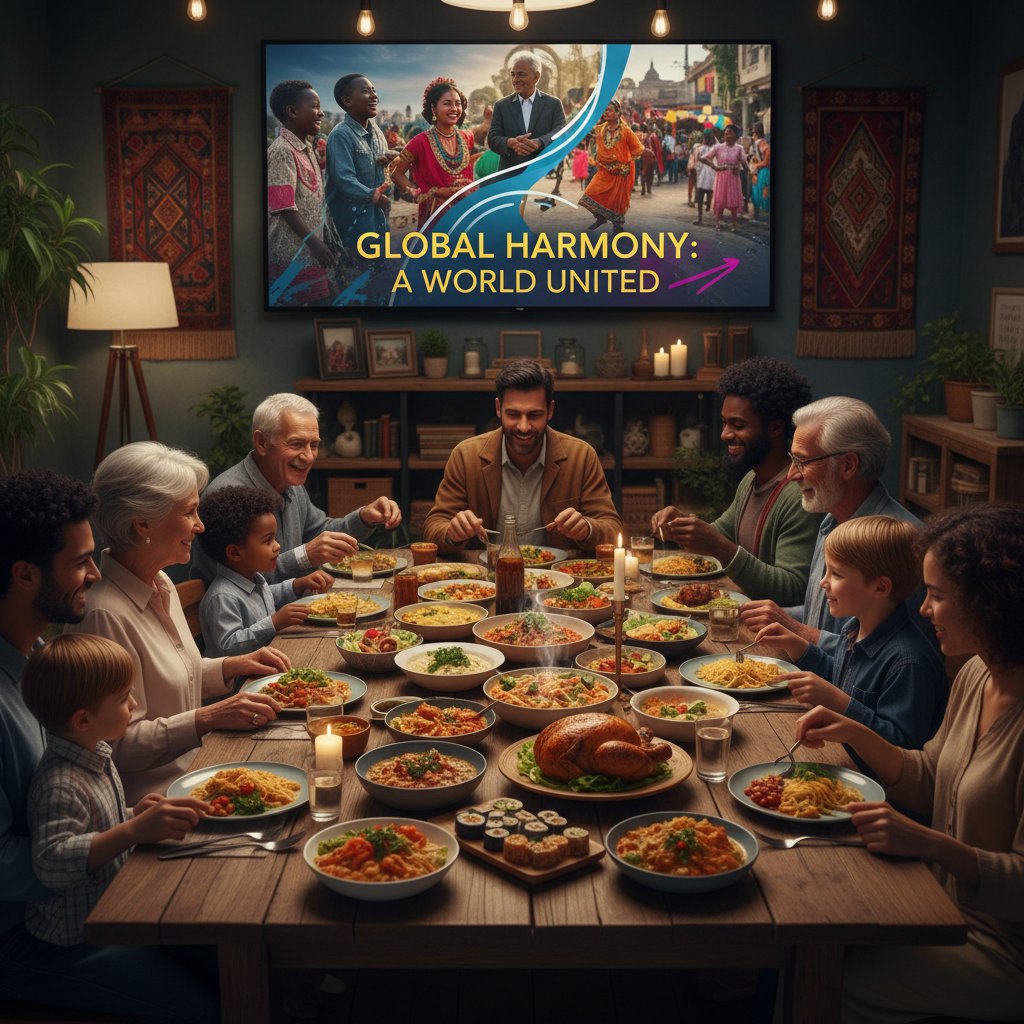 Family dinner scene from a global acceptance movie, featuring an intergenerational cast