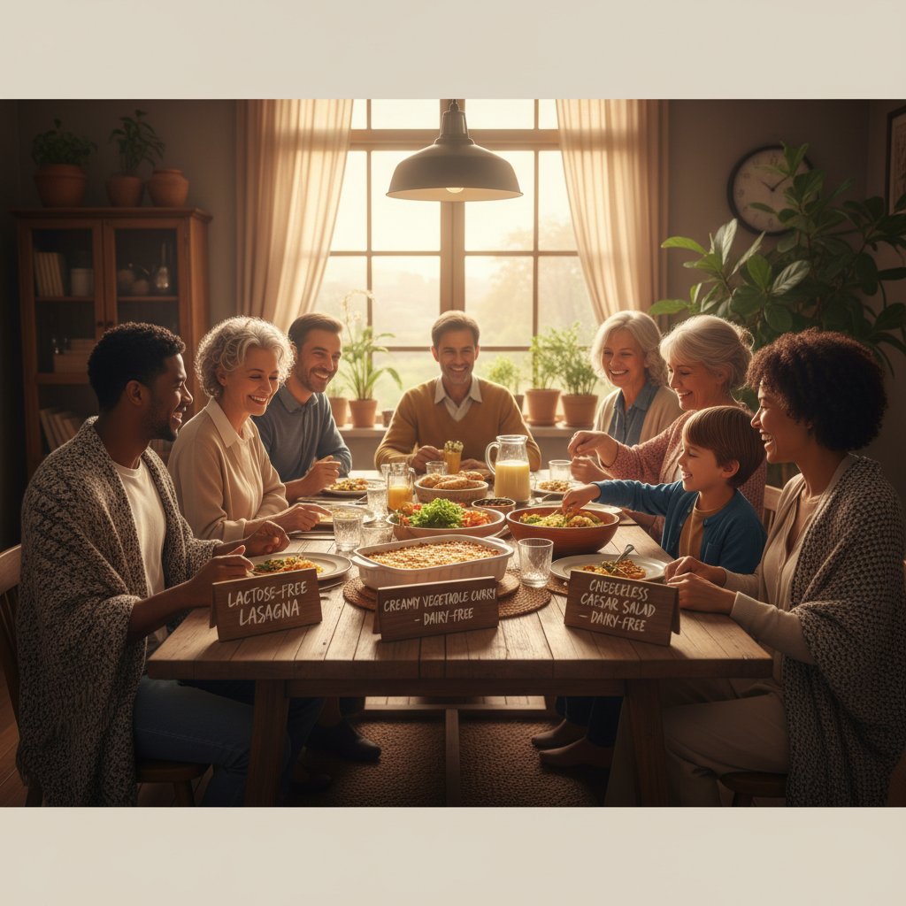Rodzinny obiad – wszyscy cieszą się posiłkiem bez laktozy, ciepła atmosfera