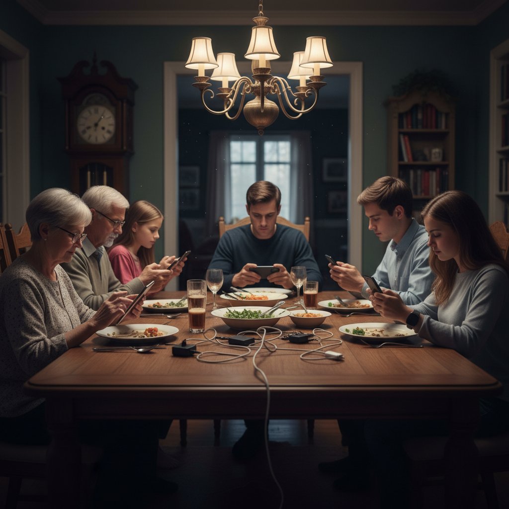 Rodzina jedząca przy stole, każdy z urządzeniem mobilnym, pokazująca utracony klimat stołu