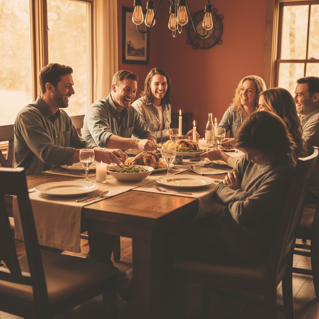 Rodzinny obiad, jedna osoba wyraźnie wykluczona, ciepłe światło, mocna emocja