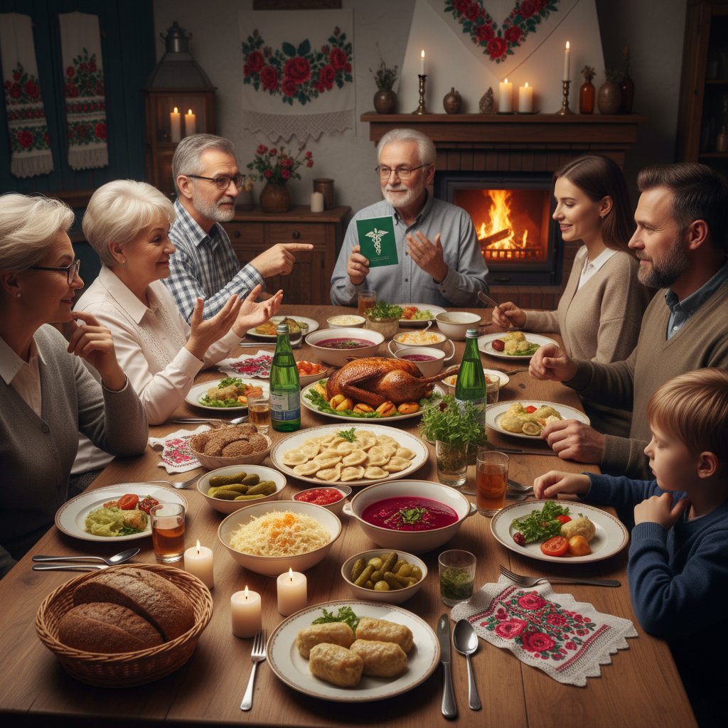 Rodzina przy stole, tradycyjne polskie potrawy, rozmowa o zdrowiu