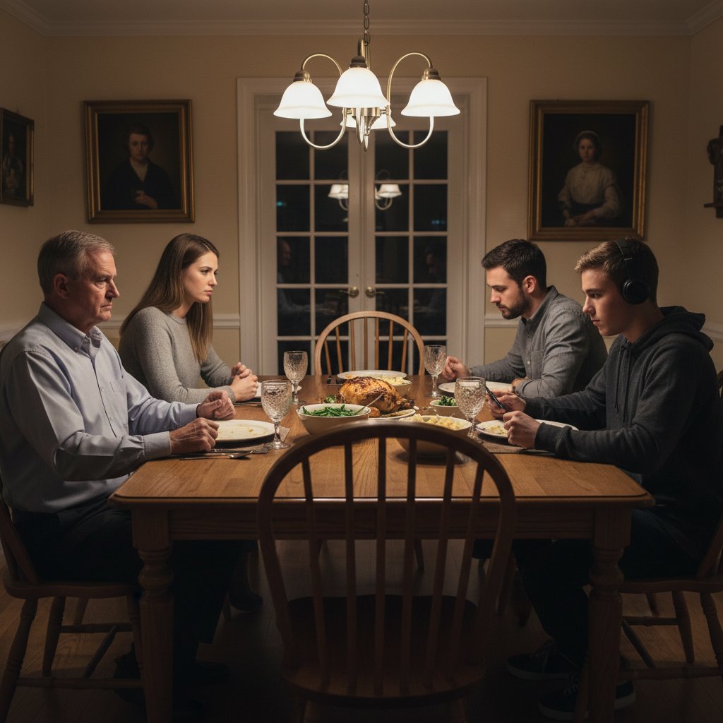Rodzinna rozmowa przy stole, napięta atmosfera, dzieci z opuszczonym wzrokiem – obraz silnych nakazów rodzicielskich