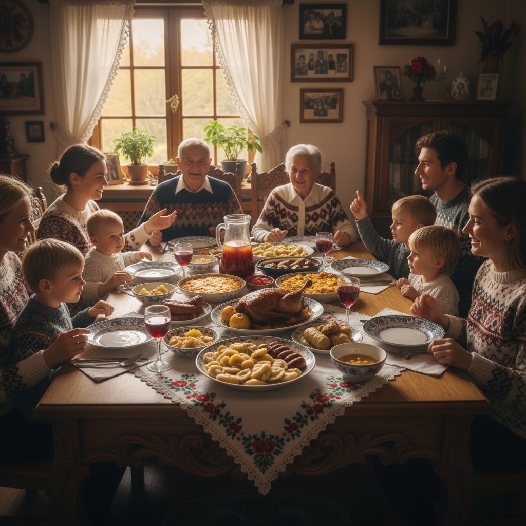 Rodzina przy tradycyjnym polskim stole podczas niedzielnego obiadu, mieszanka pokoleń