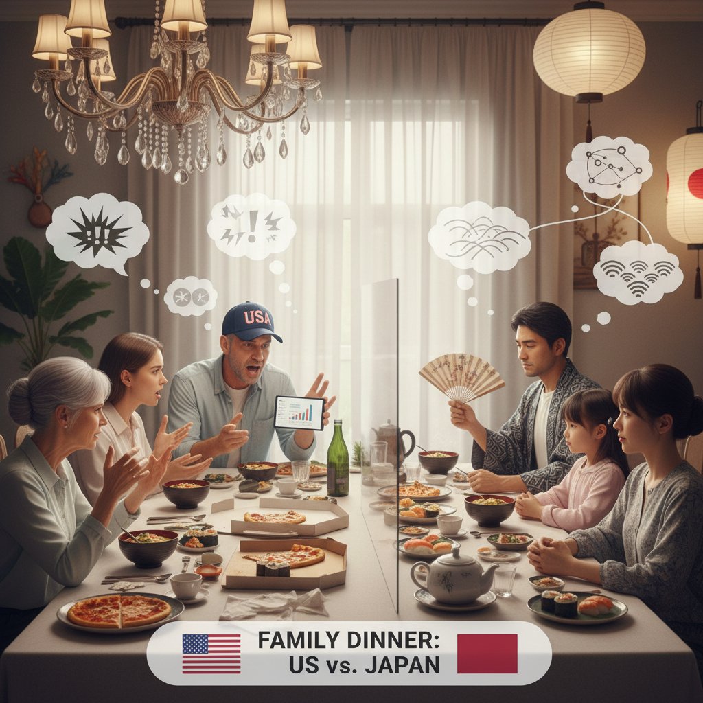 Split-scene photo: heated family dinner in the US and calm meal in Japan, contrasting conflict communication styles