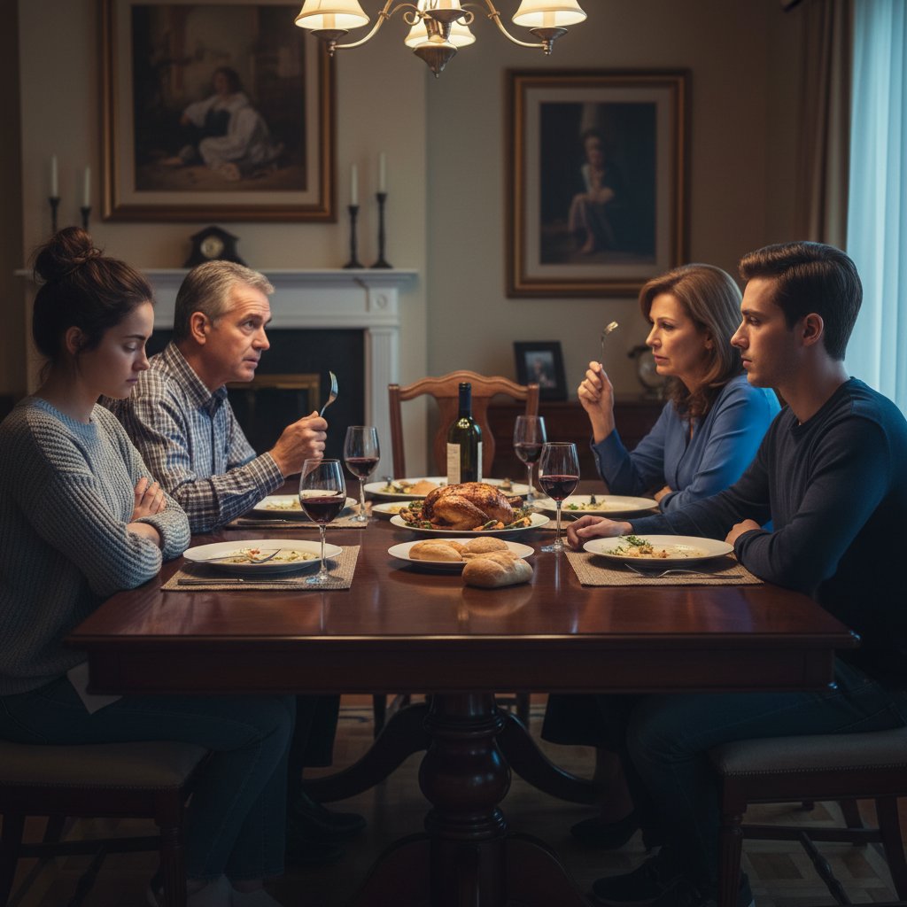 Rodzinny stół podczas obiadu, napięta atmosfera, jedna osoba wyraźnie wyobcowana, słowa kluczowe: choroby hormonalne, tabu, życie z nadczynnością przysadki
