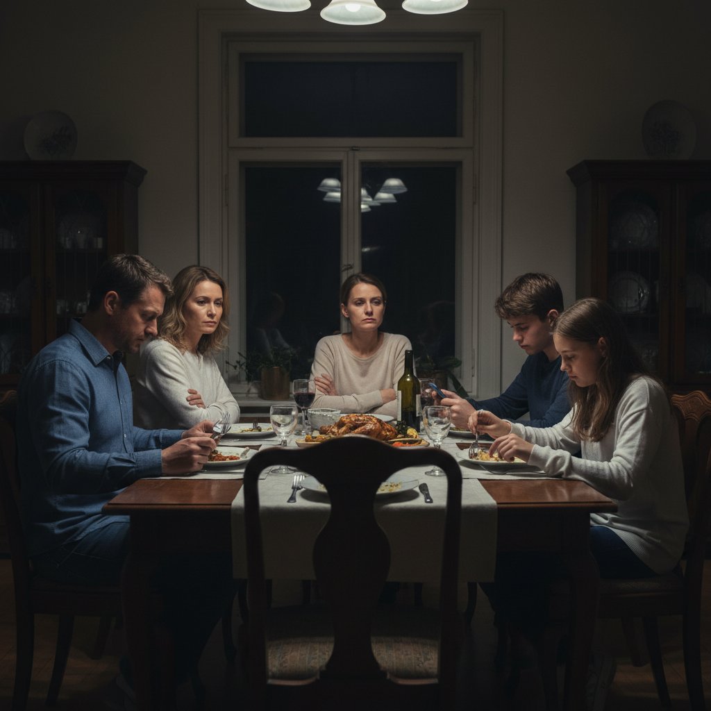 Photo of a family at dinner, tension visible as parents avoid eye contact, illustrating the ripple effects of emotional disconnection