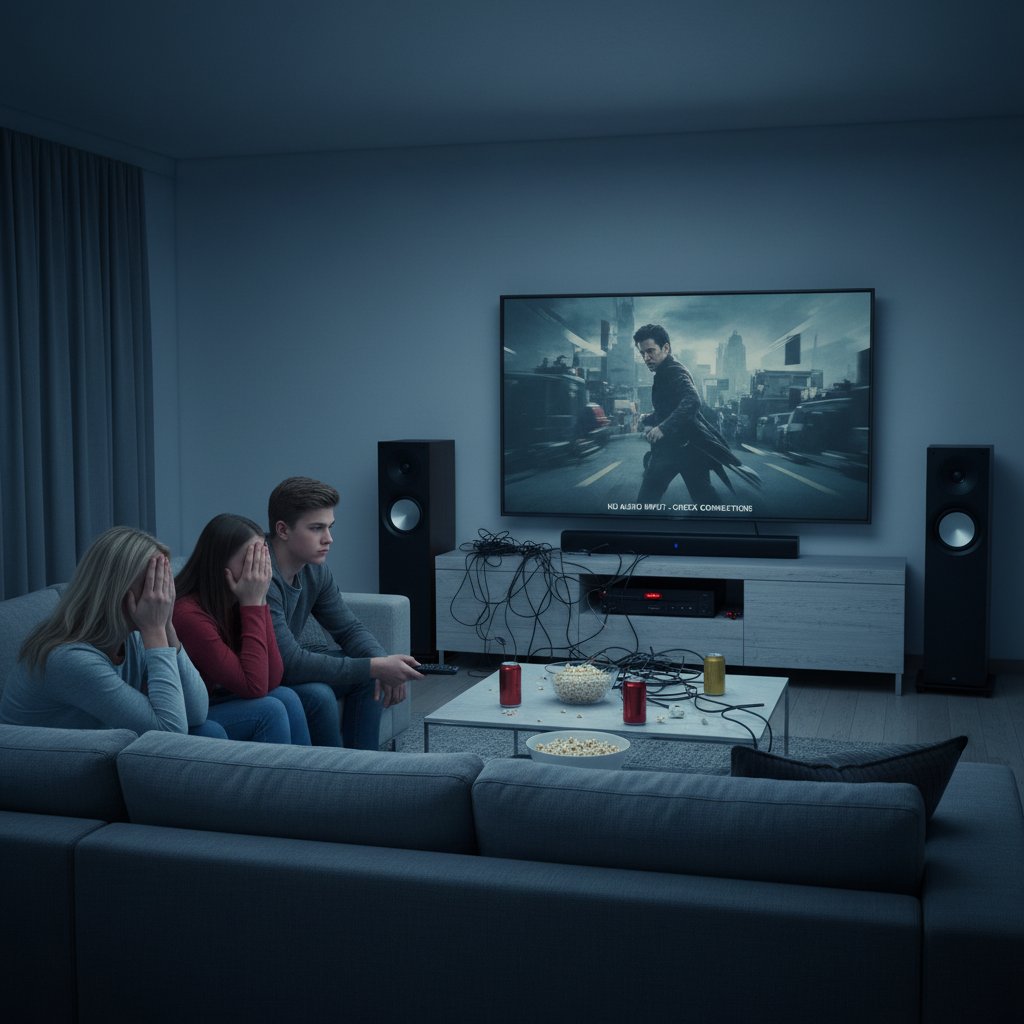 Family disappointed by movie sound system in living room, poor audio quality experience