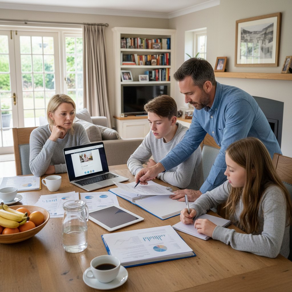 Rodzina omawia plan zabiegów przy stole