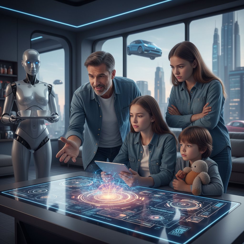 Rodzina rozmawiająca o AI przy stole, robot w tle, różne emocje na twarzach