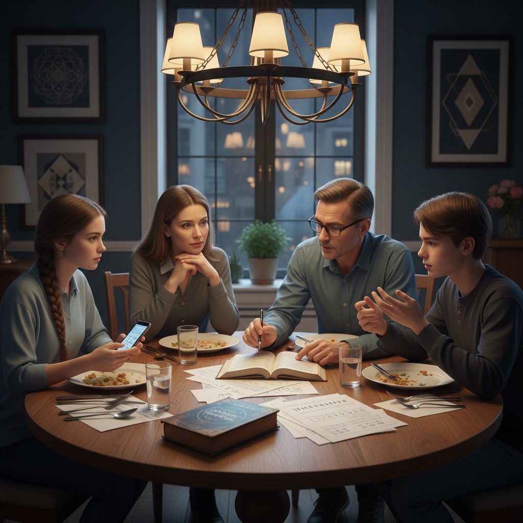 Rodzina rozmawiająca o numerologii przy stole