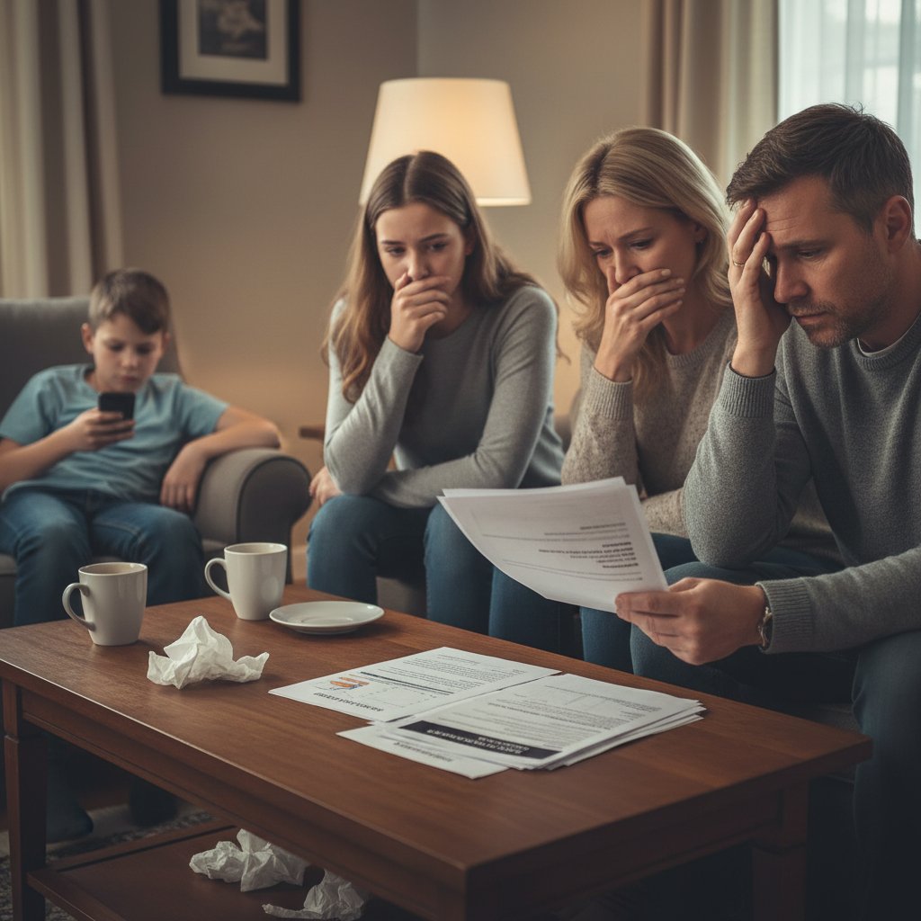 Rodzina rozmawiająca o badaniu psychologicznym, wyrażająca napięcie i emocje