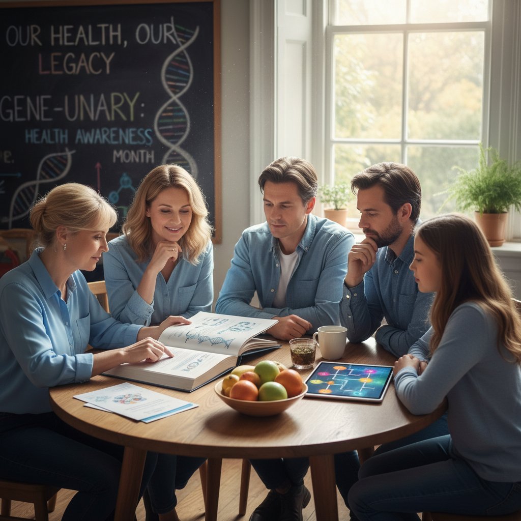 Rodzina rozmawiająca o zdrowiu i genetyce, komputer, atmosfera zrozumienia