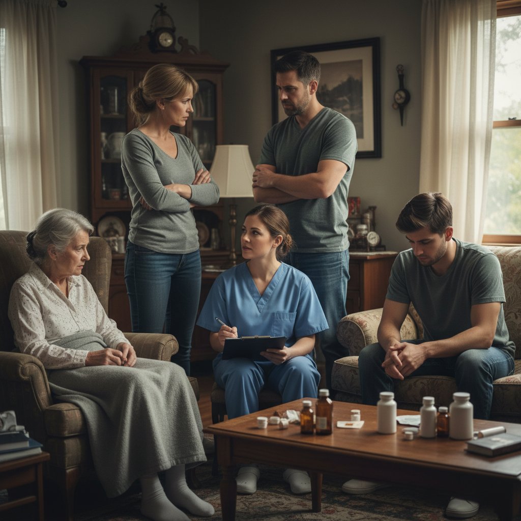 Rodzina dyskutująca z pielęgniarką, atmosfera napięcia, dom pacjenta, przykładowa sytuacja konfliktowa