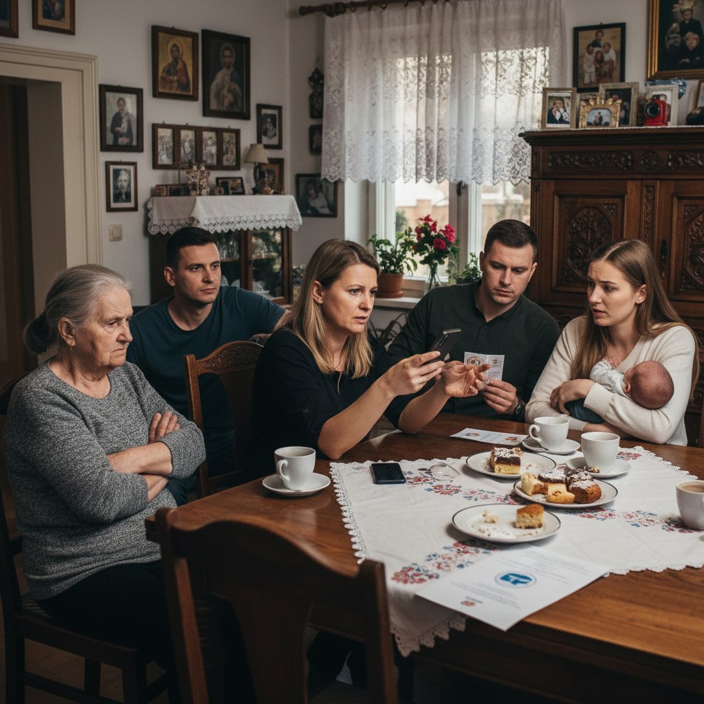 Rodzina dyskutująca przy stole o szczepieniach, napięta atmosfera, różne pokolenia, polskie mieszkanie