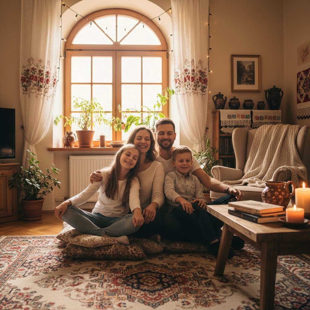Rodzina ćwicząca mindfulness w salonie, polski klimat, relaks i uśmiech – autentyczna scena budowania zaufania