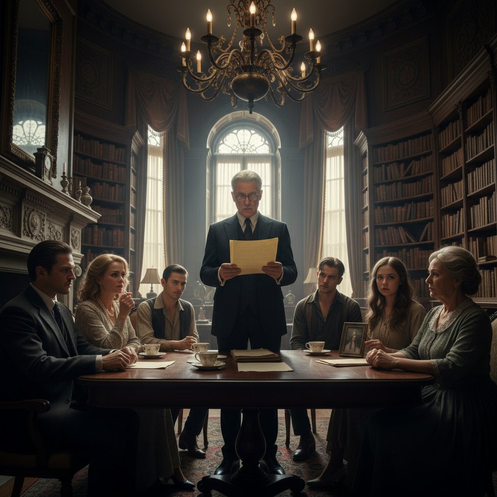 Family gathered anxiously for will reading, a classic inheritance movie scene, symbolizing drama and tension
