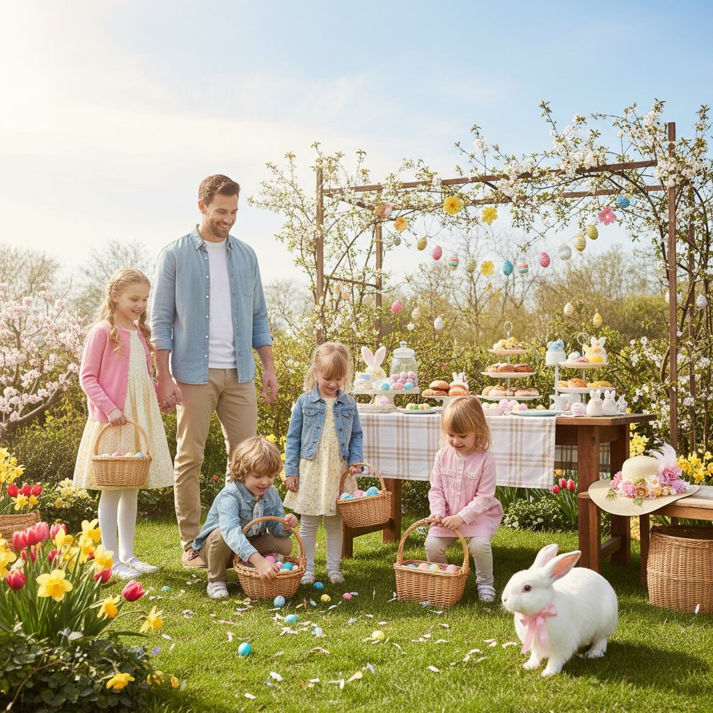 Rodzina podczas animacji wielkanocnych, radość dzieci, tradycyjne dekoracje