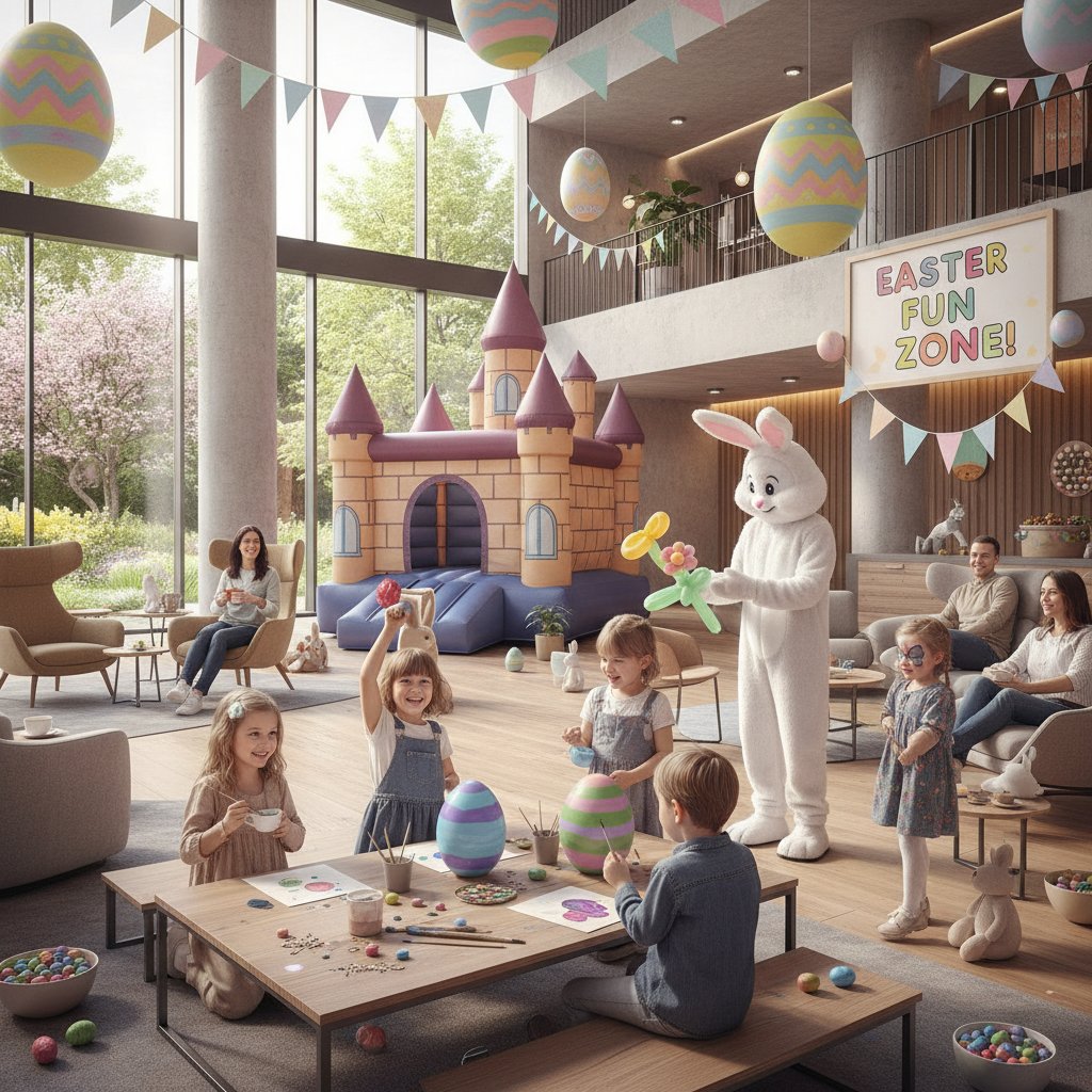 Rodzina z dziećmi podczas animacji wielkanocnych w hotelu