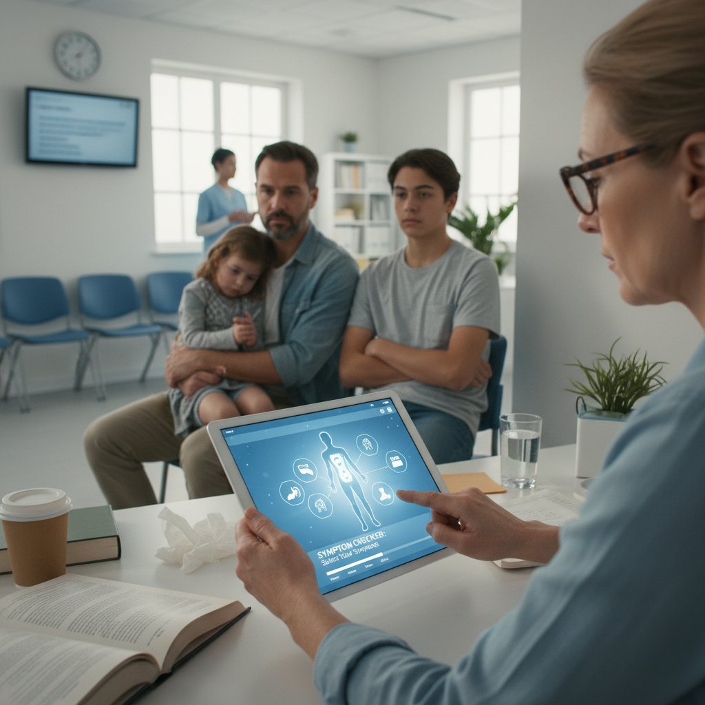 Rodzina czekająca na SOR, z mieszaniną napięcia i nadziei, symbolizująca skutki analizy objawów