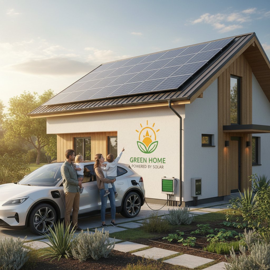 Family plugging in their electric car at a home solar charging setup, illustrating the most effective way to ensure sustainable charging