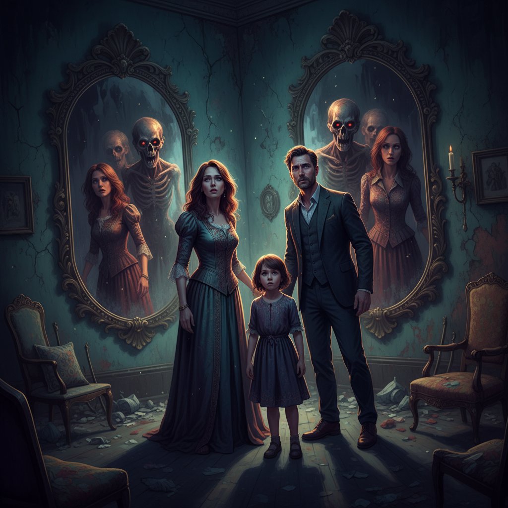 Twilight-lit family facing their doubles, mirrored reflections, eerie atmosphere, bold colors