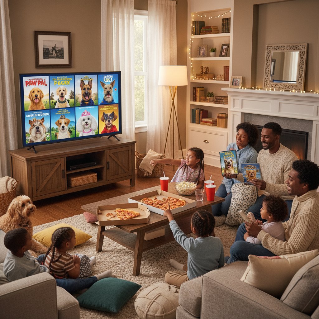 Family and friends debating dog movie choices at home, group choosing dog movie