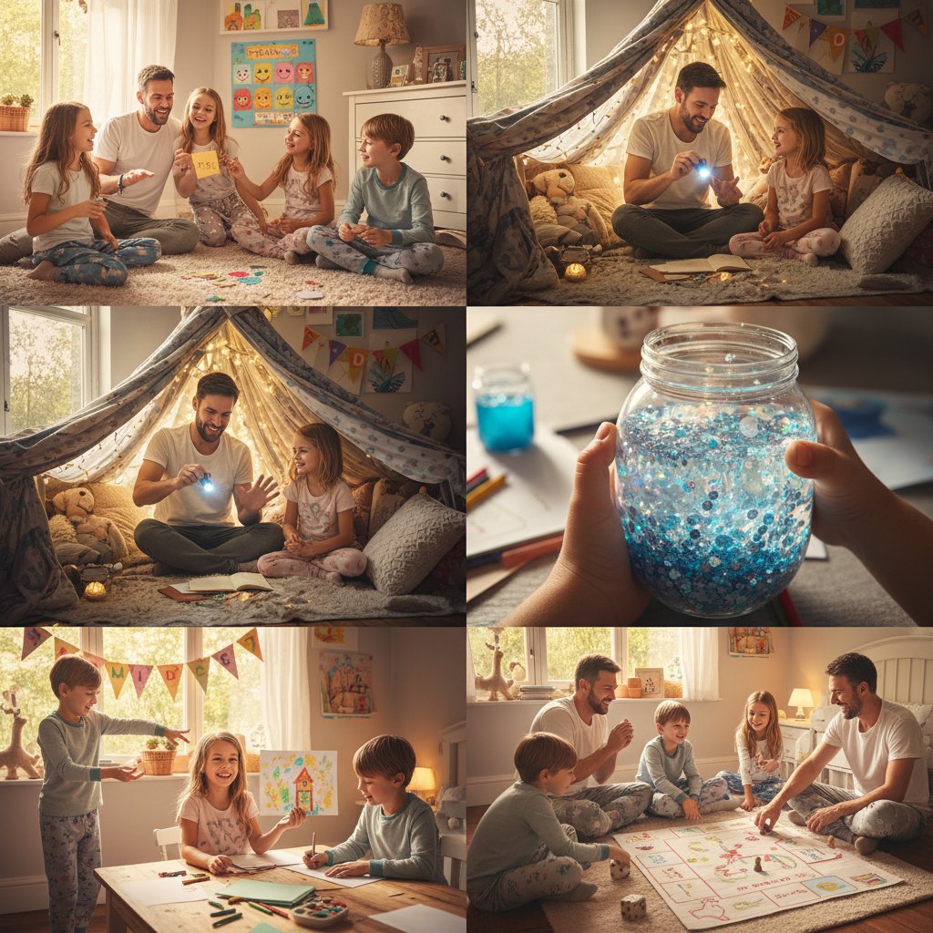 Rodzina grająca w planszówkę, wszyscy uśmiechnięci – rytuały domowe pomocne w redukcji lęku