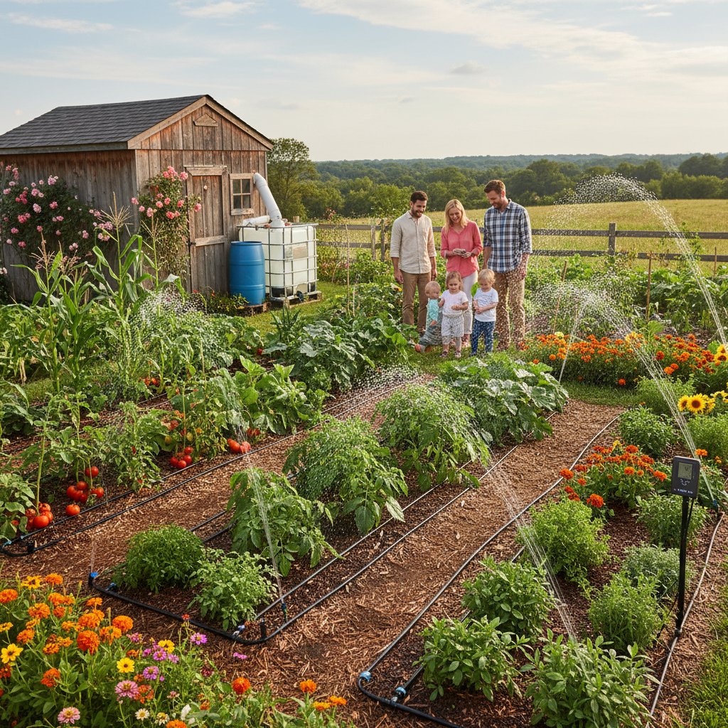 Szczęśliwa rodzina w zielonym ogrodzie z automatycznym systemem nawadniania